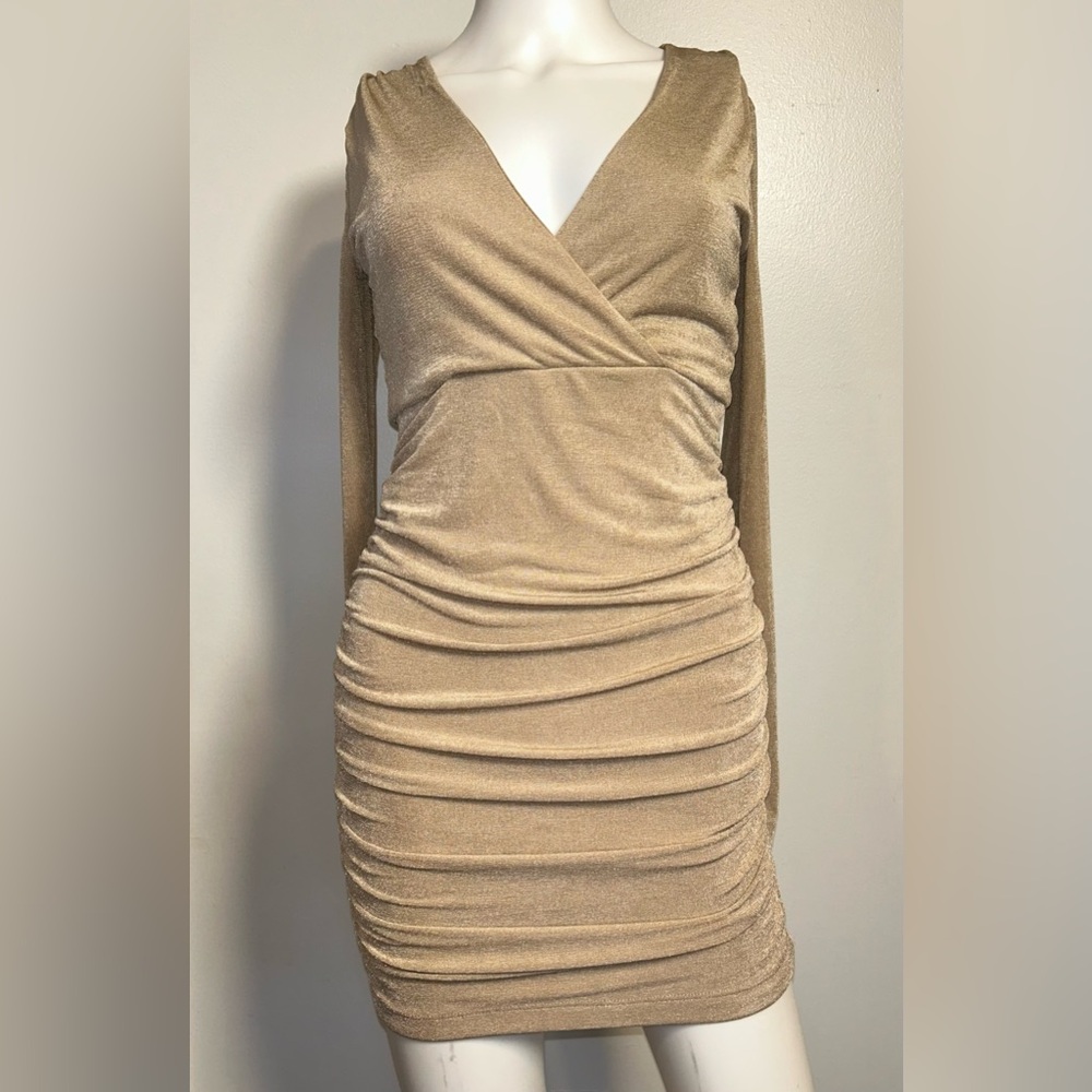 Forever 21 S Taupe Knit Bodycon Mini Dress V-Neck Long Sleeve Ruched